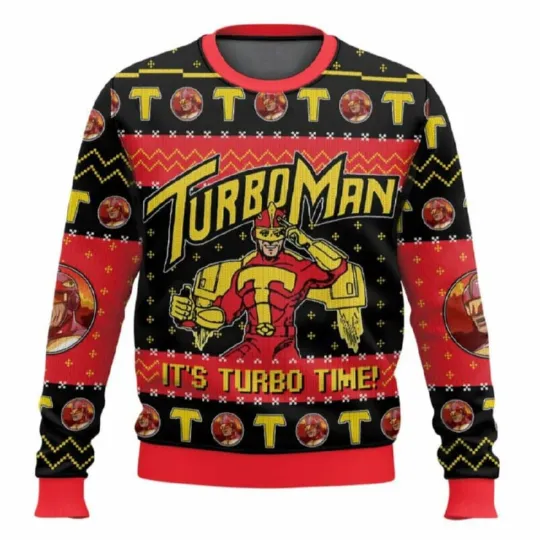 Discover It’s Turbo Time Turbo Man Jingle All the Way Ugly Christmas Sweater