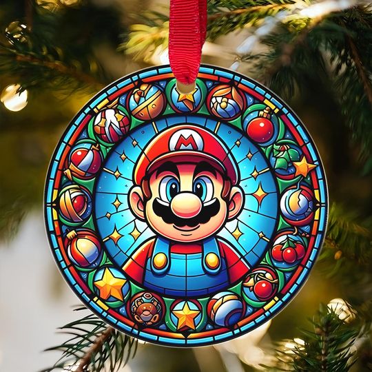 Discover Mario Christmas Stained Glass Acrylic Ornament, Super Mario Kids Holiday Decoration, Handmade Xmas Gift