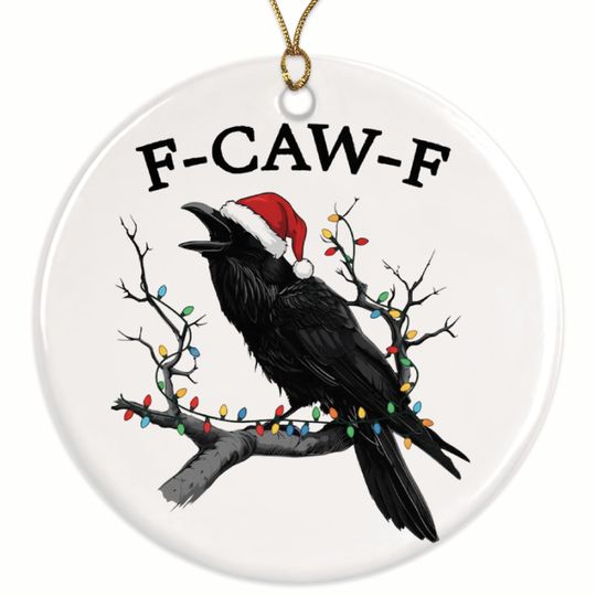 F-Caw-F Raven Christmas Ornament, Santa Hat Bird Holiday Decor, Ceramic Ornament