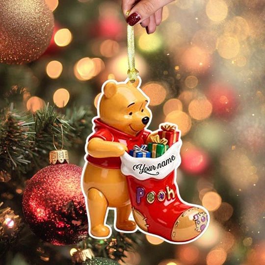 Discover Winnie the Pooh Acrylic Ornament with Red Stocking, Holiday Decor, Disney Christmas Gift for Kids