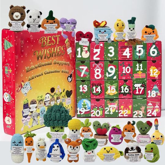 Discover 24 Days Countdown Christmas Box: 24Pcs Crochet Positive Vegetables/Fruits/Animal,Emotional Support Advent Calendar 2025,Funny Christmas Gift