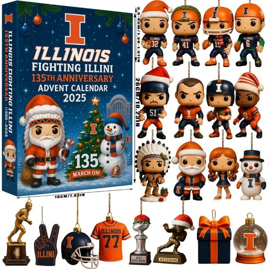 Discover Illinois Fighting Illini Advent Calendar, Christmas Countdown Advent Calendar Gift Box With 24 Acrylic Ornaments