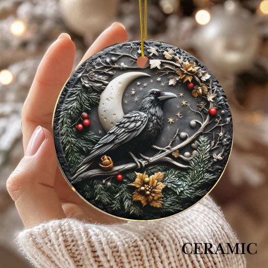 Discover Gothic Crow and Moon Ornament: Dark Holiday Decor