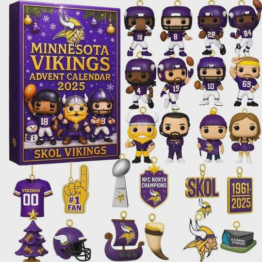 Minnesota Vikings Advent Calendar 2025, Christmas Countdown Advent Calendar Gift Box With 24 Acrylic Ornaments