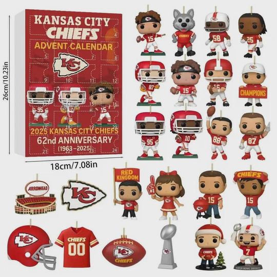 Kansas City Chiefs Advent Calendar 2025, Christmas Countdown Advent Calendar Gift Box With 24 Acrylic Ornaments