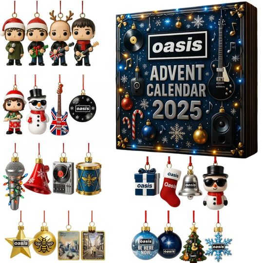 Discover Oasis Advent Calendar 2025 | 24 Days of Britpop Icon & Union Jack Ornaments | Gallagher Brothers Fan Collector Gift Set