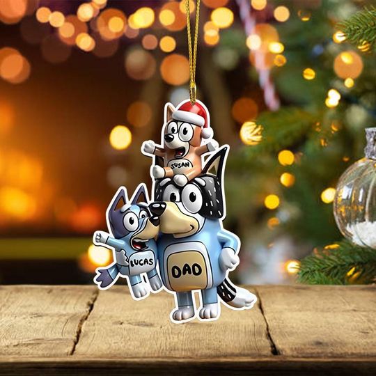 Discover Personalized Dad Holding BlueyDad and Bingo Acrylic Ornament, Custom Family Christmas Decoration, Dad and Kids Ornament