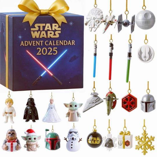Star Wars Advent Calendar 2025 | 24 Days of Millennium Falcon, Lightsaber & Character Ornaments | Movie Fan Collector Gift