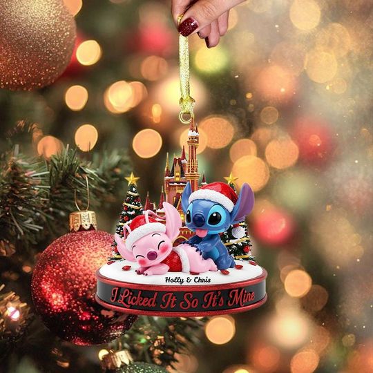Custom Name Stitch and Angel Santa Hat Ornament, Stitch and Angel Love Ornament, Cute Alien Couple Christmas Ornament