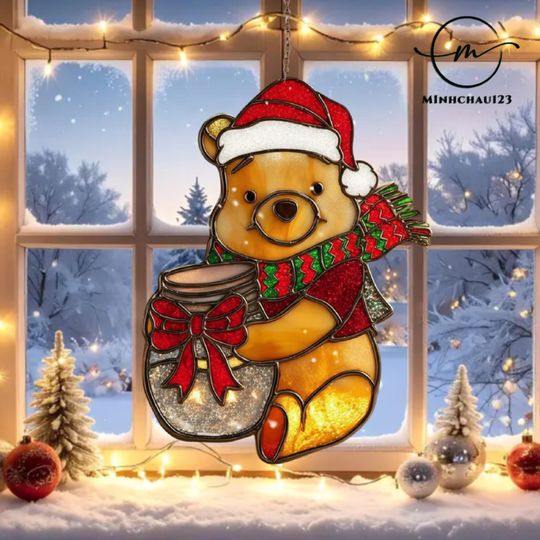 Discover Cute Winnie the Pooh christmas Acrylic Suncatcher, Pooh bear Christmas ornament, Christmas window hanging suncatcher
