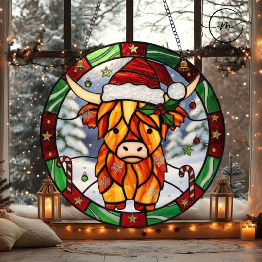 Discover Highland Cow Christmas Acrylic Suncatcher, Cute Holiday Window Hanging, Winter Farmhouse Decor, Round Xmas Ornament 2025