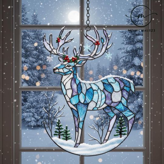 Reindeer Christmas Acrylic Suncatcher - Holiday Window Decor, Xmas Car Ornament Gift