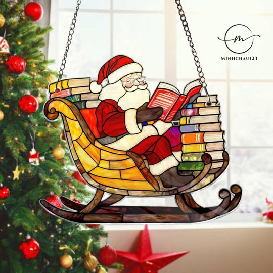 Discover Santa Claus Reading book Acrylic Suncatcher, Santa Claus Holiday Ornament, Christmas window hanging ornament, Xmas Sun Catcher