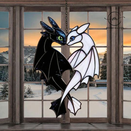 Discover Night & Light Dragon Suncatcher, Toothless and Light Fury Dragon Acrylic Suncatcher, Window Hanging , Gift for Readers