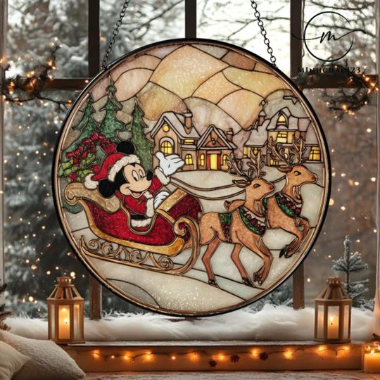 Discover Vintage Mickey Santa Claus Sleigh Glass Suncatcher, Reindeer Holiday Decoration,Xmas gift, Mickey mouse Disney suncatcher