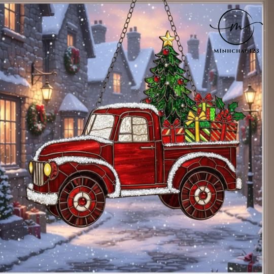 Discover Red Car Christmas Tree Acrylic Suncatcher, Holiday Window Decor, Xmas Car Ornament Gift