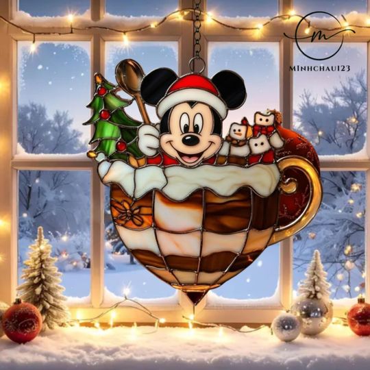 Discover Christmas Mickey Cocoa Santa Acrylic Suncatcher, Disney christmas suncatcher, Xmas gift