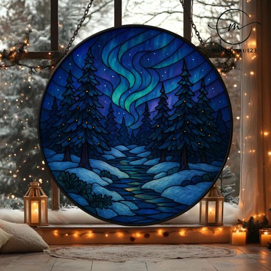 Discover Winter Forest Stained Glass Suncatcher, Snowy Pine Trees Window Hanging, Christmas Landscape Ornament, Xmas gift