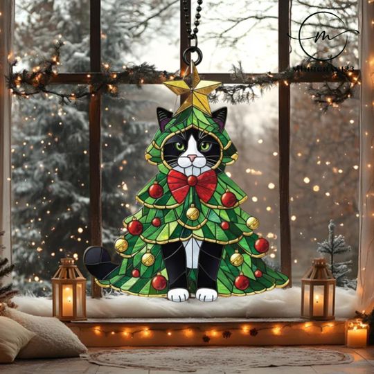 Tuxedo Cat Christmas Tree Acrylic Suncatcher, Window Hanging Ornament, Cat Lover Decoration
