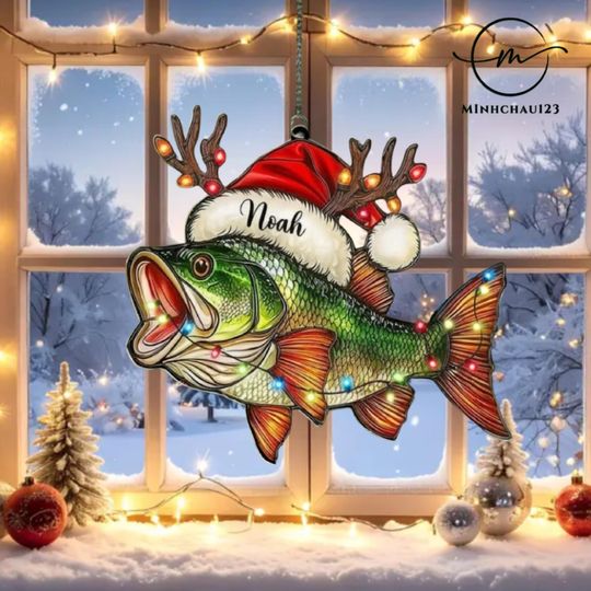 Christmas Bass Fish Acrylic Suncatcher, Fisherman Holiday Ornament, Vintage Window Hanger