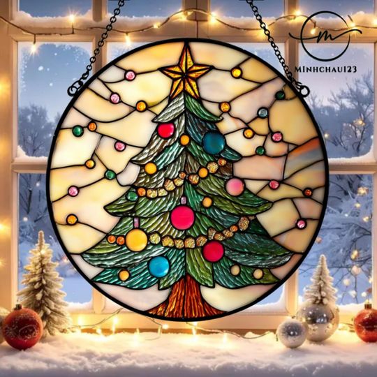 Discover Christmas Tree with Golden Star Stained Glass Suncatcher, Door Garden Sun Catcher, Christmas decoration, Wall Art Christmas Decor, Xmas gift
