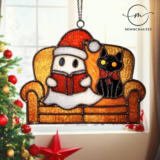 Discover Cute Ghost Sitting Reading On The Sofa Acrylic Suncatcher, Christmas suncatcher for book lover, Christmas ornament, Xmas gift