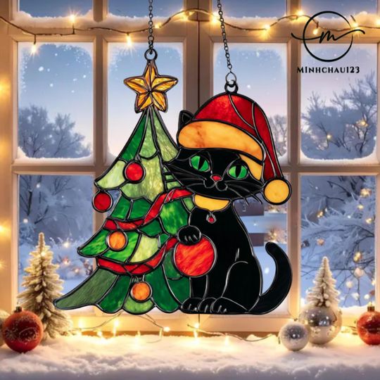 Discover Black Cat Christmas Acrylic Suncatcher, Black Cat with Christmas tree Ornament, Christmas Window hanging ornament, Xmas gift