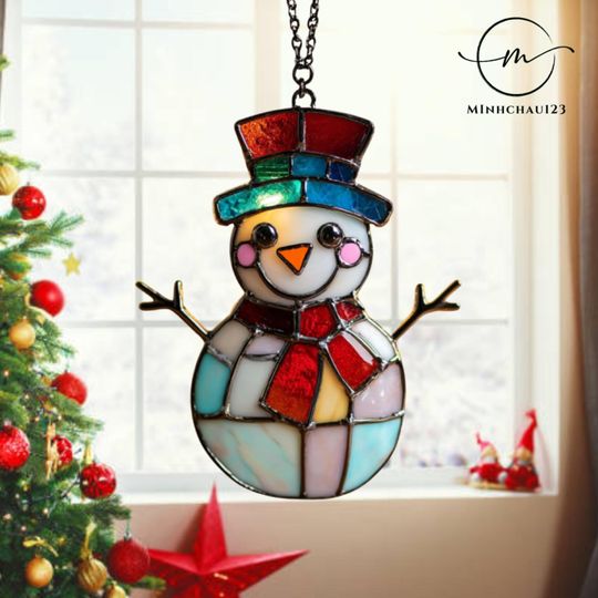 Colorful Snowman Acrylic Suncatcher, Christmas Window Hanging Ornament