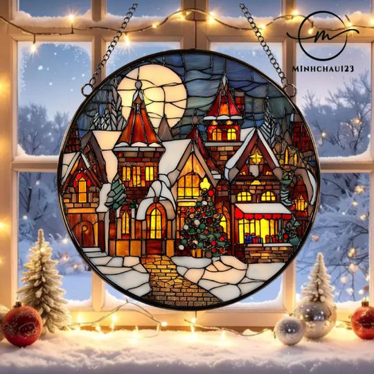 Discover Town Snow Scene Stained Glass Suncatcher, Door Garden Sun Catcher, Christmas decoration, Gift for mom, Xmas gift