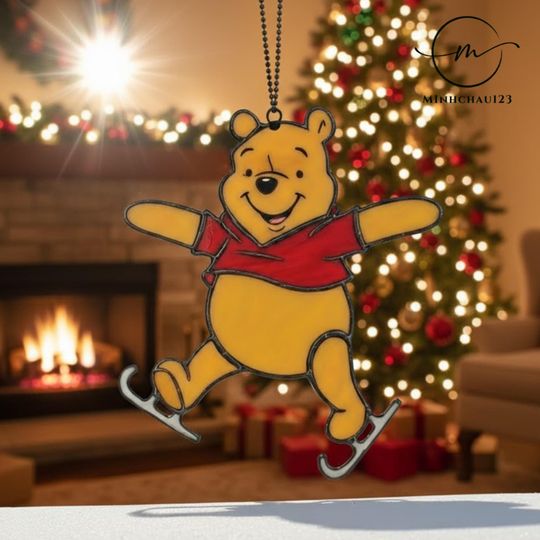 Cute Winnie the Pooh Christmas Acrylic Suncatcher, Bear Window Ornament, Holiday Home Decor