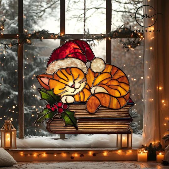 Discover Santa Cat Christmas Acrylic Suncatcher, Cozy Holiday Window Decor, Christmas window hanging suncatcher, Gift for book lover and cat lover
