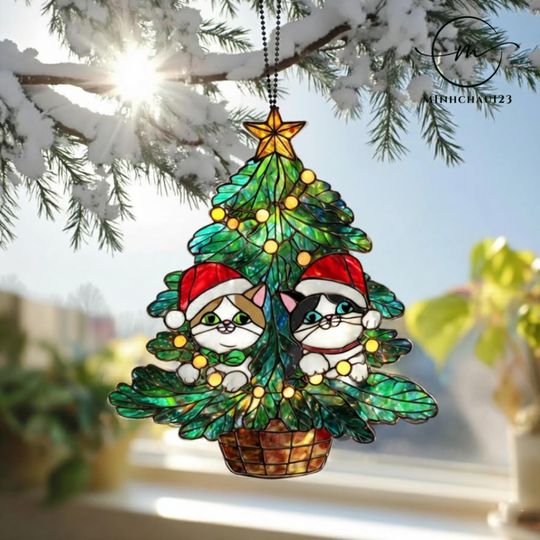 Discover Tuxedo Cat Christmas Tree Acrylic Suncatcher, Cozy Holiday Window Decor, Black Cat and Orange Cat Couple, Gift for cat lover