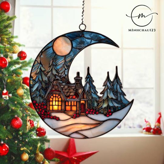 Discover Moon and Pine Trees Acrylic Suncatcher, Winter Cottage Moon, Christmas Gift, Handmade Holiday Decor, Christmas window hanging ornament
