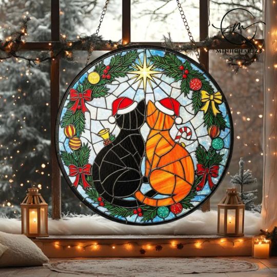 Discover Christmas Black and Orange Cat Couple Acrylic Suncatcher, Cat Window Hanging Decor, Cat Lover Gift
