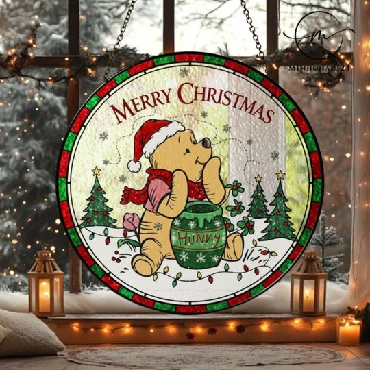 Winnie the Pooh Christmas Stained Glass Suncatcher, Disney Window Ornament