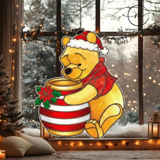 Discover Cute Winnie the Pooh christmas Acrylic Suncatcher, Pooh bear Christmas ornament, Christmas window hanging suncatcher