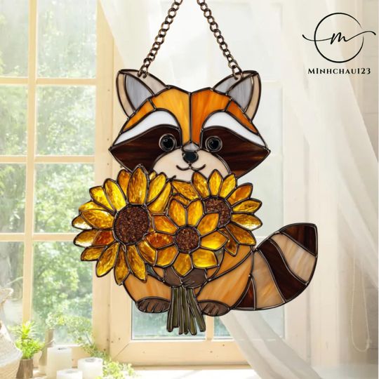 Discover Raccoon with sunflower Acrylic Suncatcher, Raccoon Fall Decoration, Christmas Gifts for Mom, Cute Raccoon Decor
