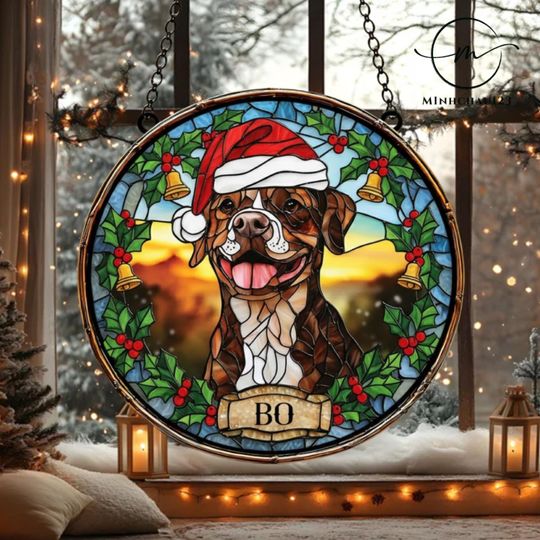 Discover Christmas Custom Pet Portrait Stained Glass Suncatcher, Custom Pet Portrait Acrylic Suncatcher, Pet Window Hangings, Pet Memorial Gift