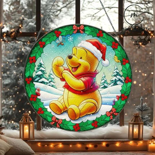 Winnie the Pooh Christmas Stained Glass Suncatcher, Holiday Window Ornament, Disneyland Acrylic Ornament