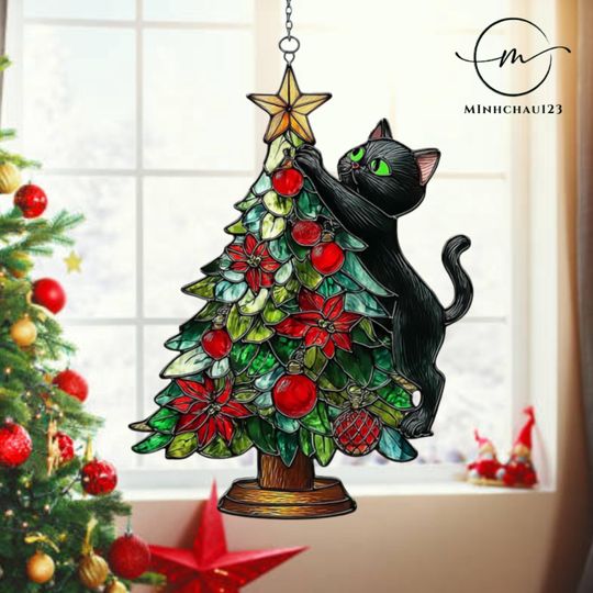 Discover Black Cat Climbing Christmas Tree Acrylic Suncatcher, Christmas Window Hanging Acrylic Decor, Xmas gift, Decor Gift