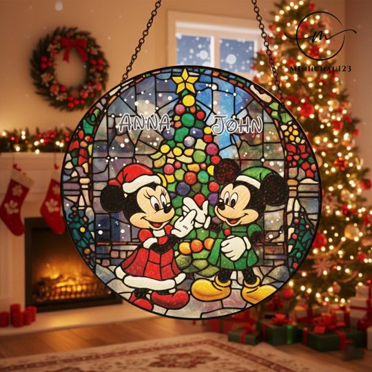 Discover Custom Merry Christmas Mickey and Minnie  Stained Glass Suncatcher, Christmas Decoration, Xmas gift, Mickey mouse Disney suncatcher