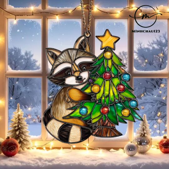 Discover Raccoon Christmas Tree Suncatcher Ornament, Cute Raccoon  christmas Acrylic suncatcher, Xmas acrylic window hanging