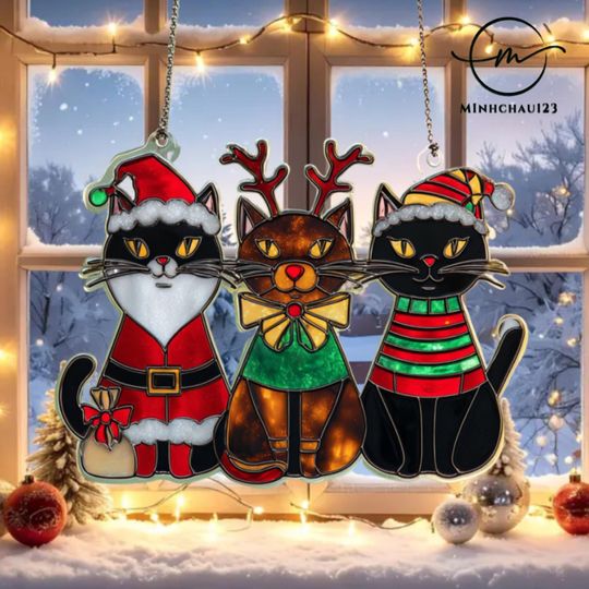 Discover Christmas Trio Black Cats Suncatcher, Christmas Black Cats Window Hanging, Holiday Suncatcher Decor, Xmas gift