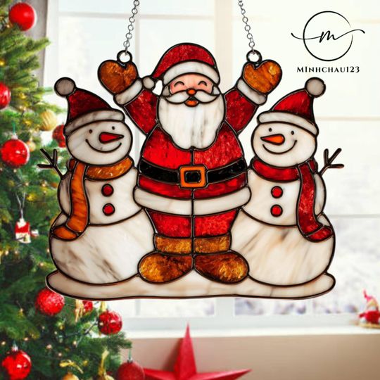 Santa and Snowmen Acrylic Suncatcher Christmas Holiday Ornament Winter Home Decor