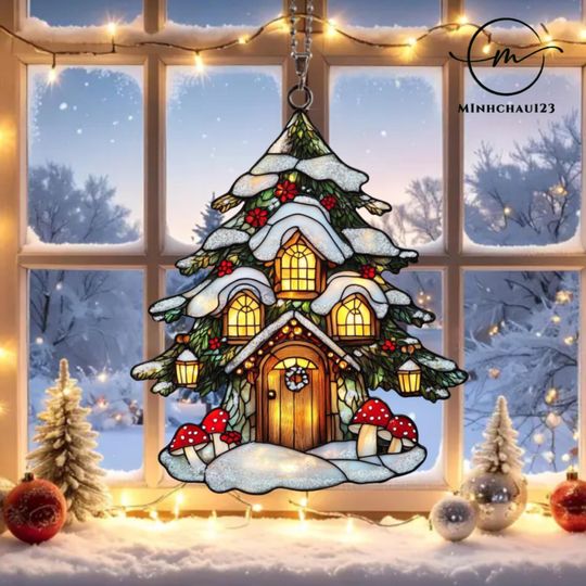 Acrylic Christmas Tree Suncatcher, Snowman Window Hanging, Holiday Ornament, Xmas Decoration