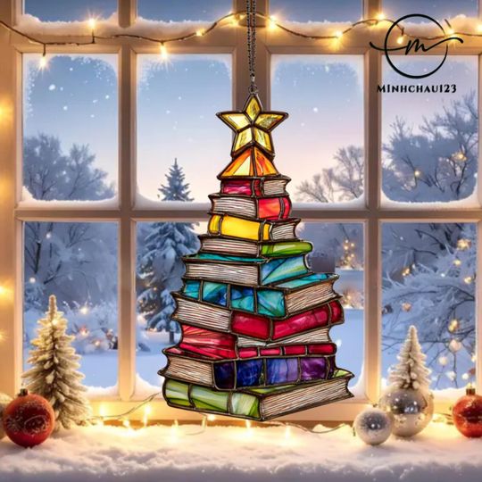 Discover Christmas Book Tree Acrylic Suncatcher, Christmas gift for book lover, Book Lover Gift, Book christmas tree ornament