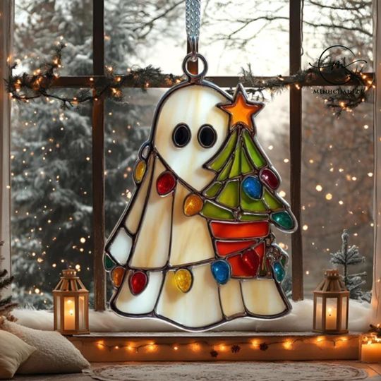 Discover Christmas Ghost Acrylic Suncatcher, Ghost with christmas tree suncatcher, Christmas window hanging ornament, Xmas gift