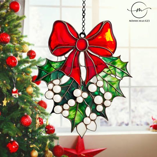Discover Christmas Holly Wreath Acrylic Suncatcher, Holly Wreath Christmas ornament,  Christmas Mistletoe  window hanging suncatcher