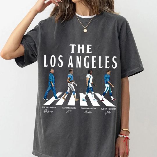 Discover the Los Angeles Walking Road Road Signatures Shirt, Jim Harbaugh Ladd McConkey Omarion Hampton Justin Herbert Los Angeles Football Shirt