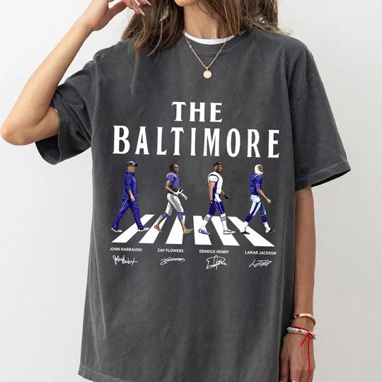 Baltimore Walking Road Signatures Football Shirt, Derrick Henry Lamar Jackson Zay Flowers john harbaugh Baltimore Football Shirt